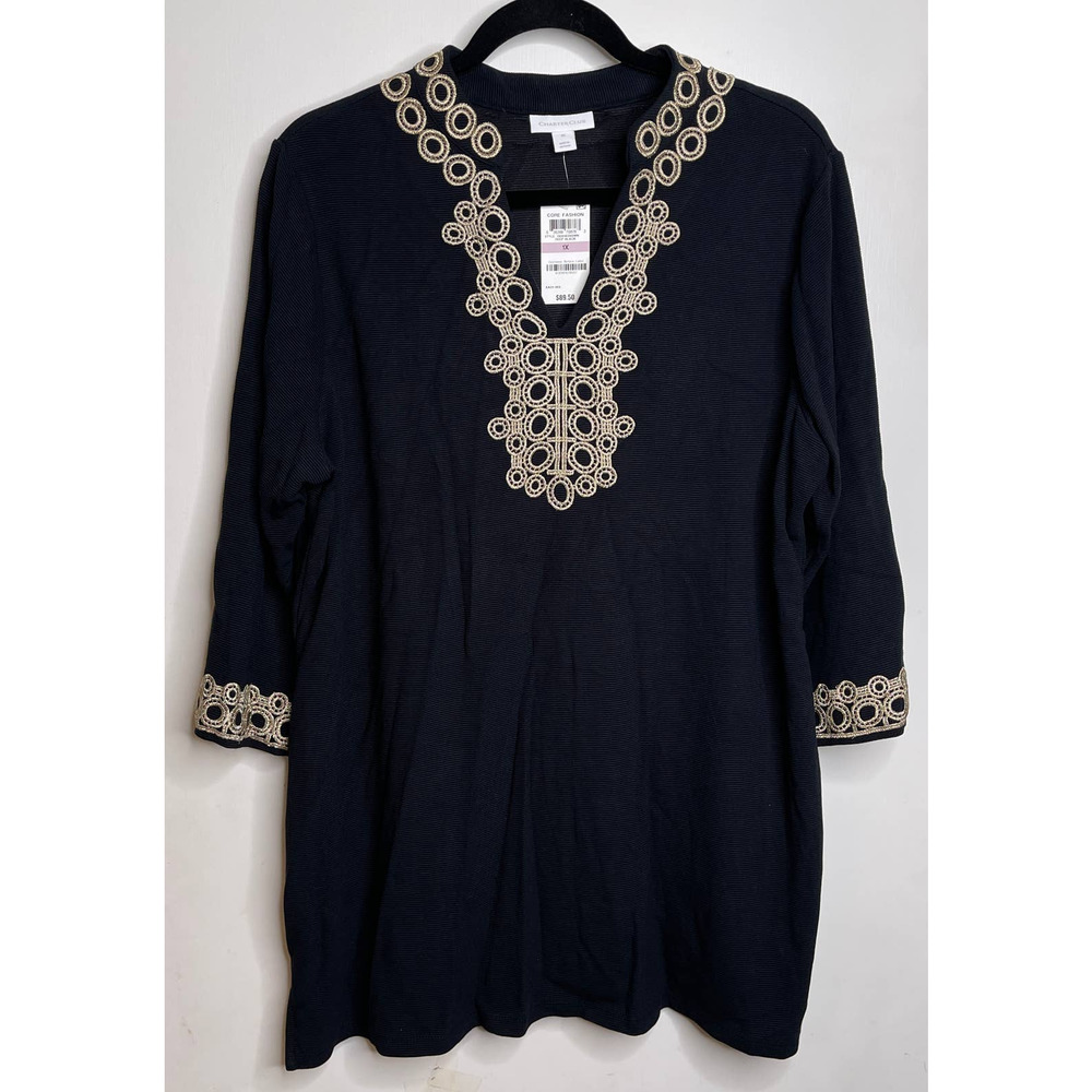 Charter Club Women's Plus Size 1x Tunic Top Black Gold Textured Ribbed 3/4